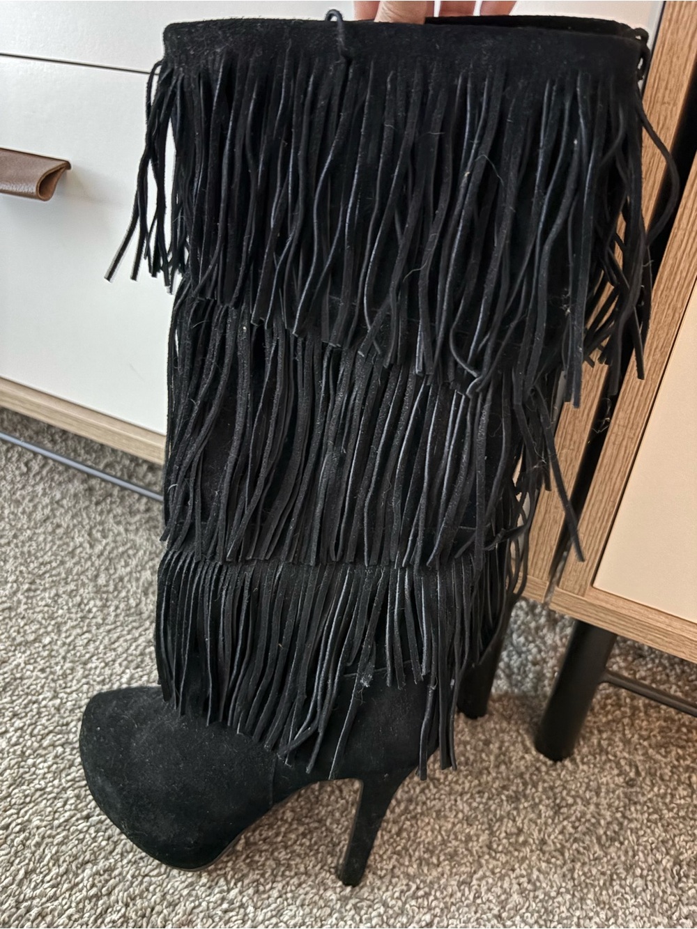 Black Fringe Suede High Heel Boots - Women's Fashion Boot